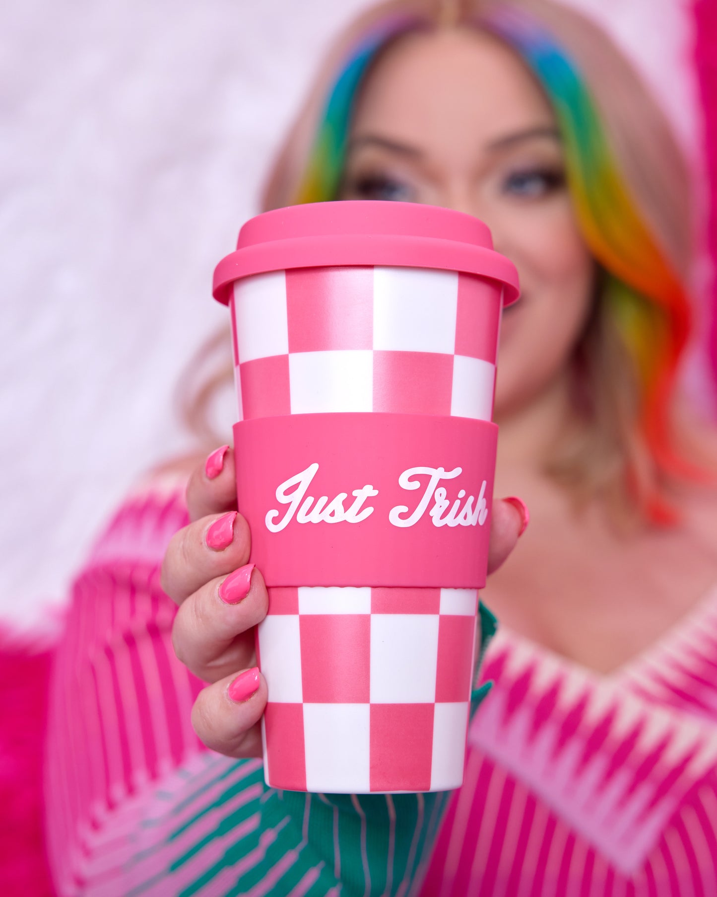 White and Pink Checkered Tumbler